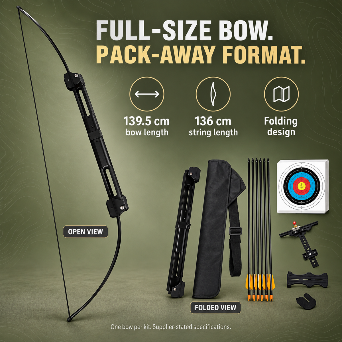 Open and folded views of one bow with supplier-listed bow and string lengths.