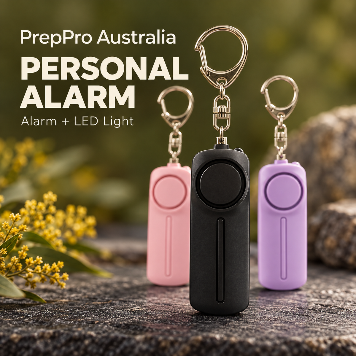 PrepPro Australia personal alarm with LED light in black, pink and purple