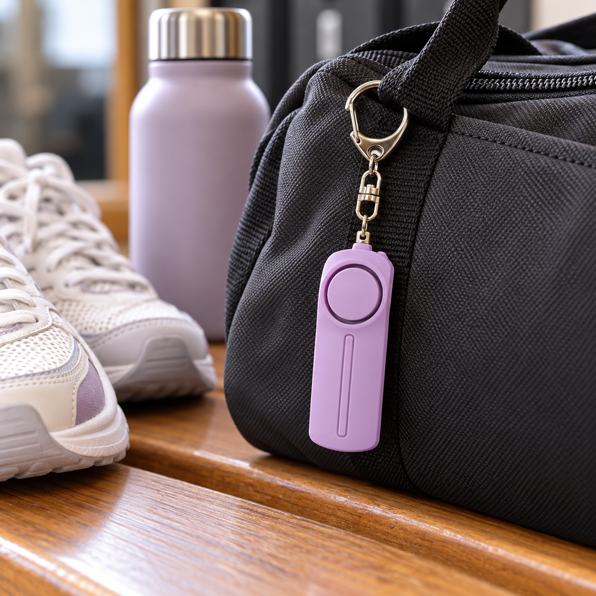 Purple personal alarm clipped to a gym bag