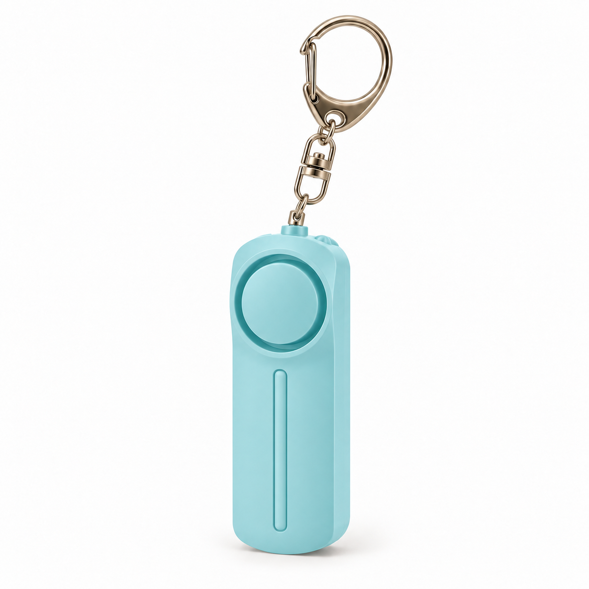Blue personal alarm keyring with LED light on a white background