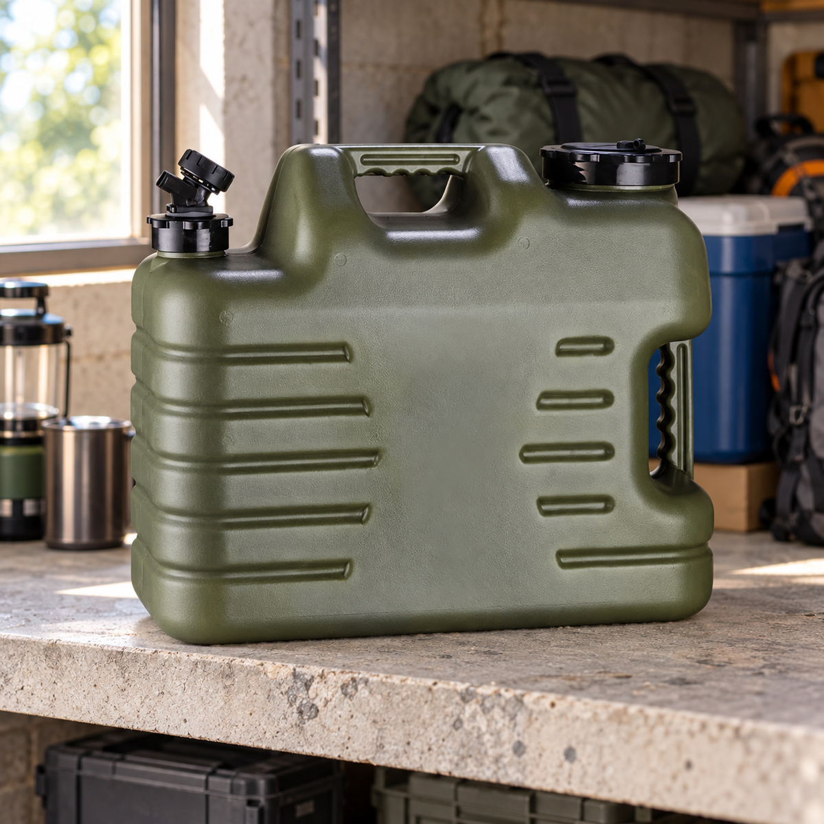 18L Portable Water Jerry Can in a garage camping-gear storage setting