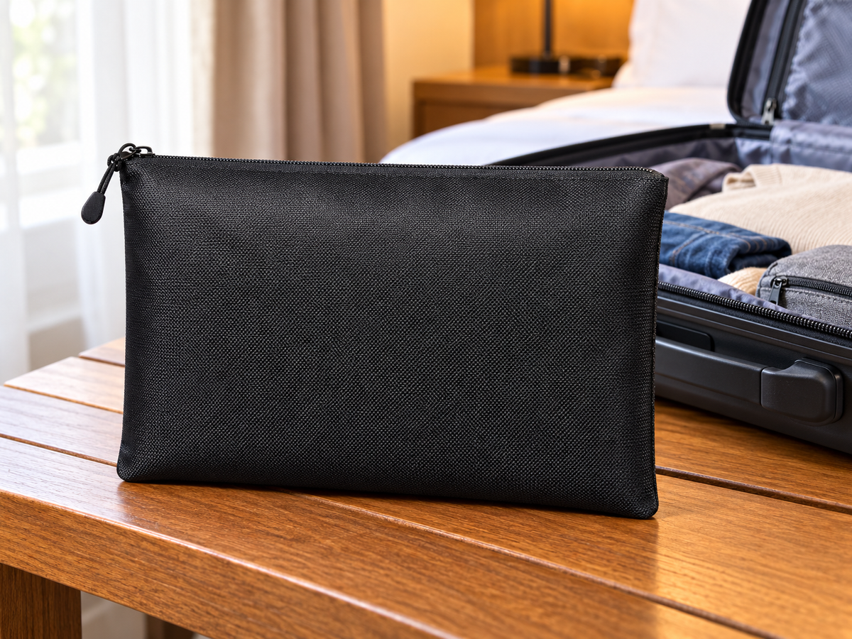 Fireproof document bag — hotel packing bench