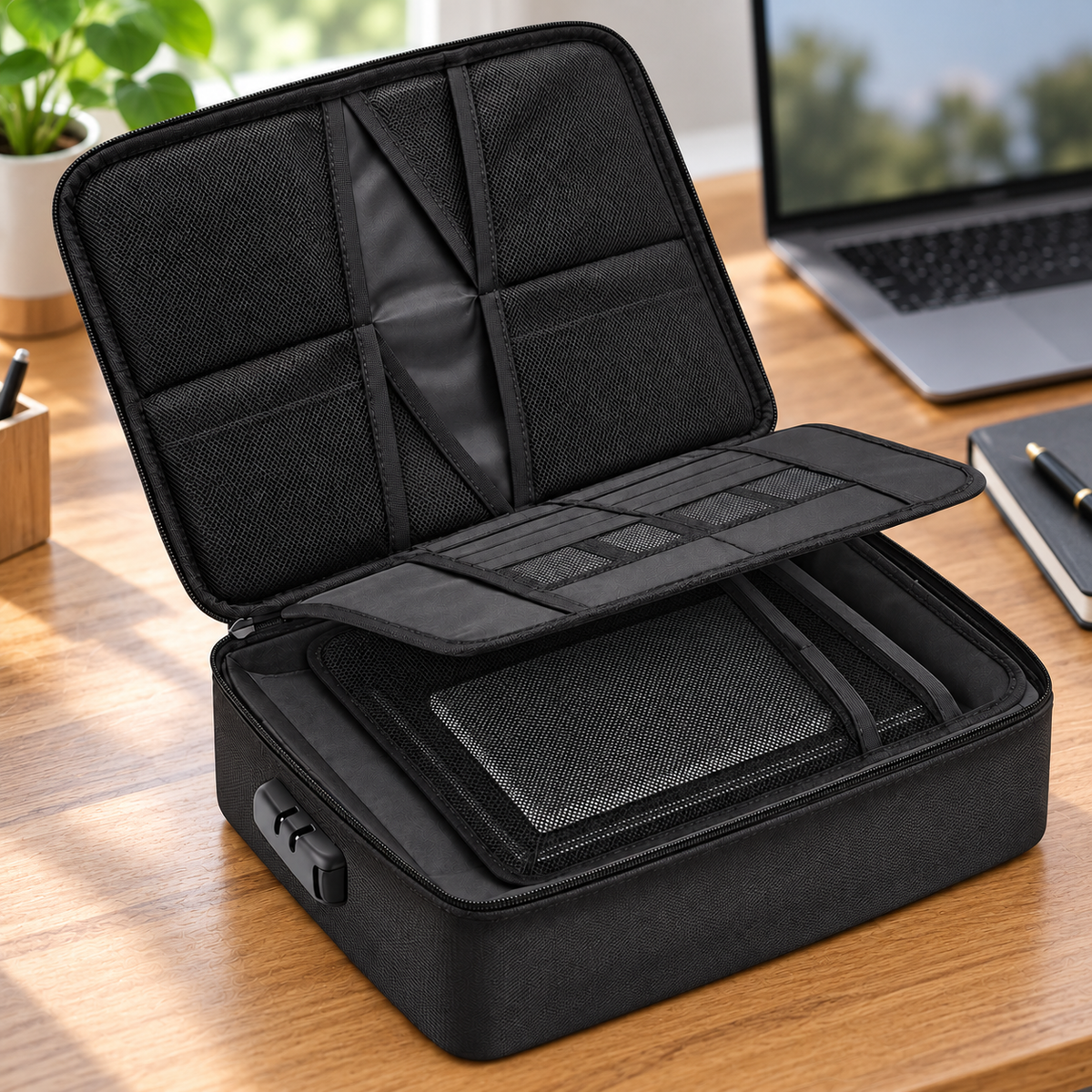Fireproof & Waterproof Document Organizer Case with Combination Lock — home office desk