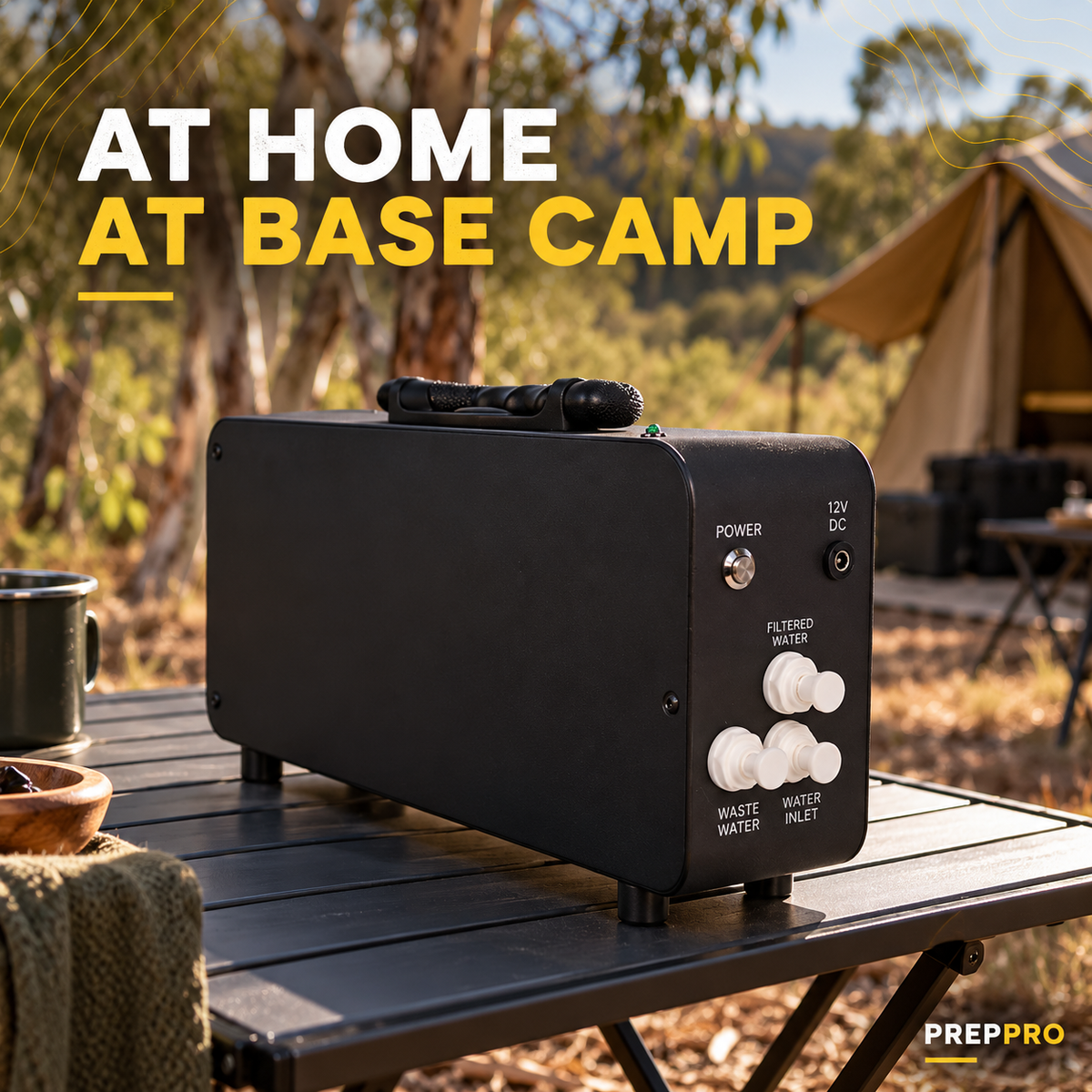 Portable reverse osmosis water filter on a bush campsite table