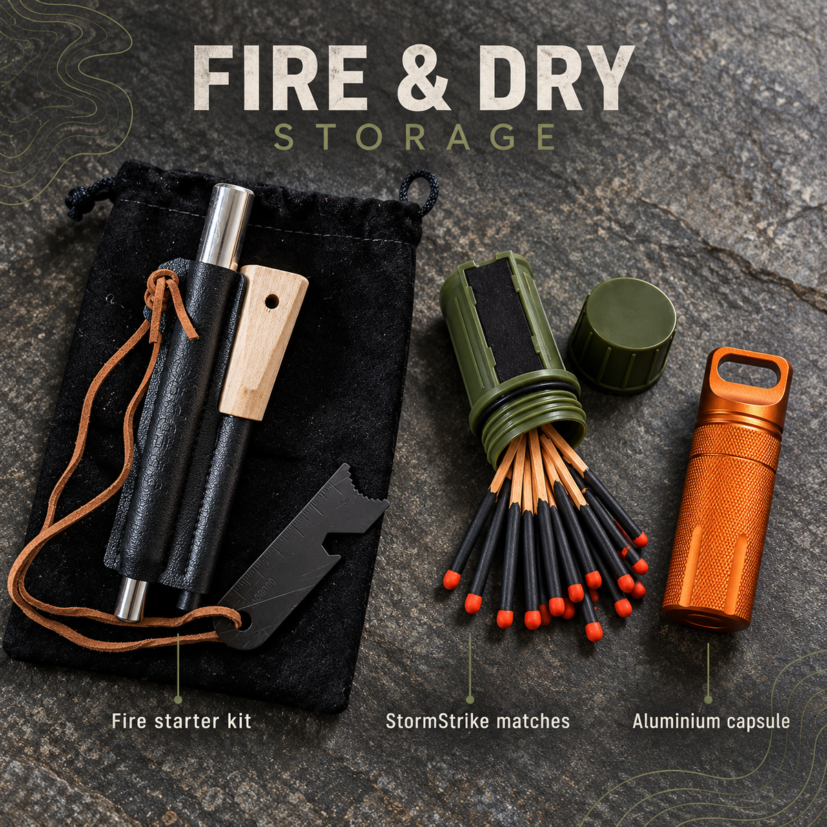 Solo kit black fire starter, army green matches and orange aluminium capsule