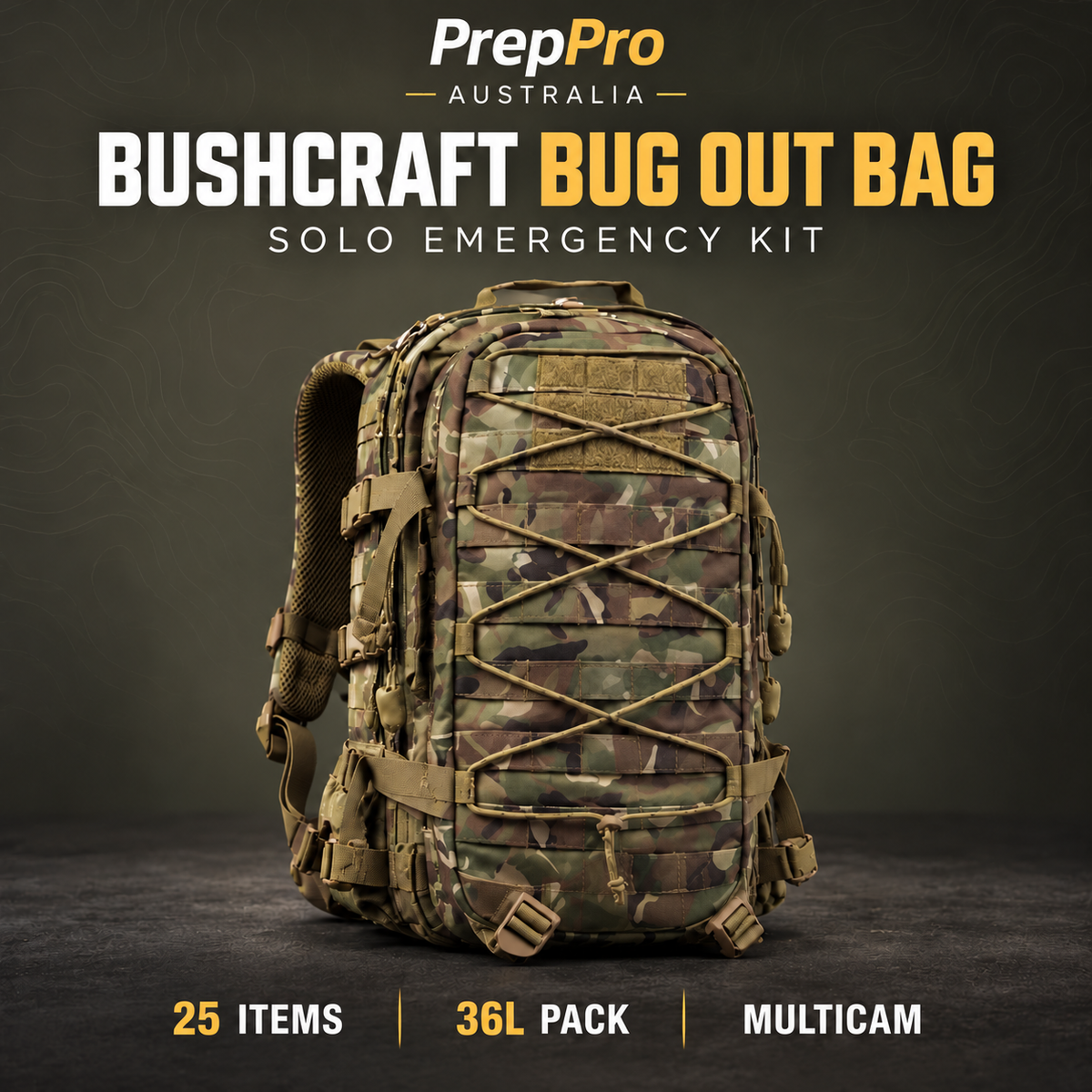 PrepPro Bushcraft Bug Out Bag – Multicam, 25-item solo emergency kit