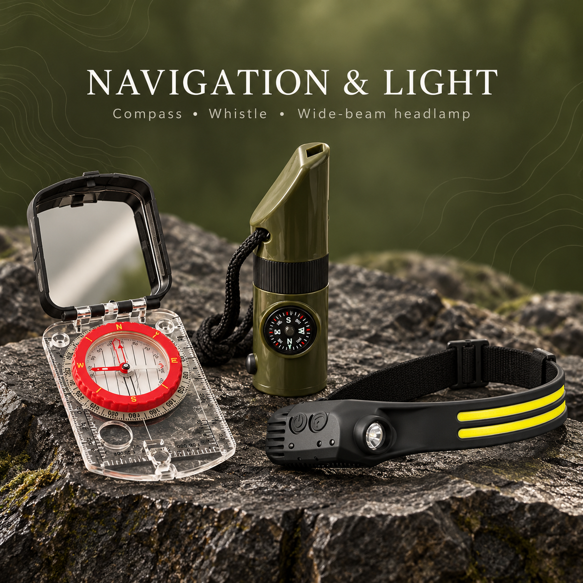 Solo kit mirror compass, olive survival whistle and wide-beam headlamp