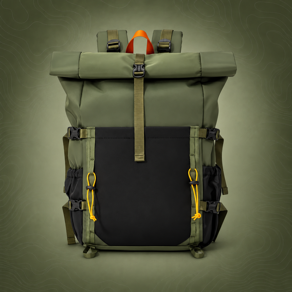 Waterproof Nylon Roll-Top Backpack, 22-28L Expandable, Green