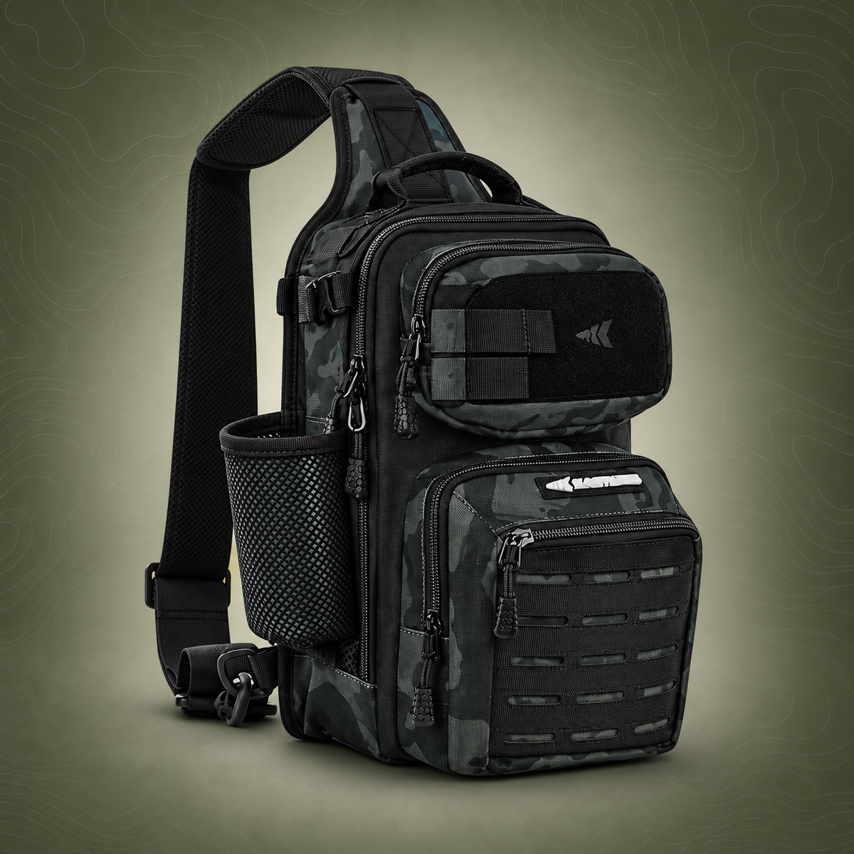 Fishing Sling Backpack for Anglers, Dark Camo