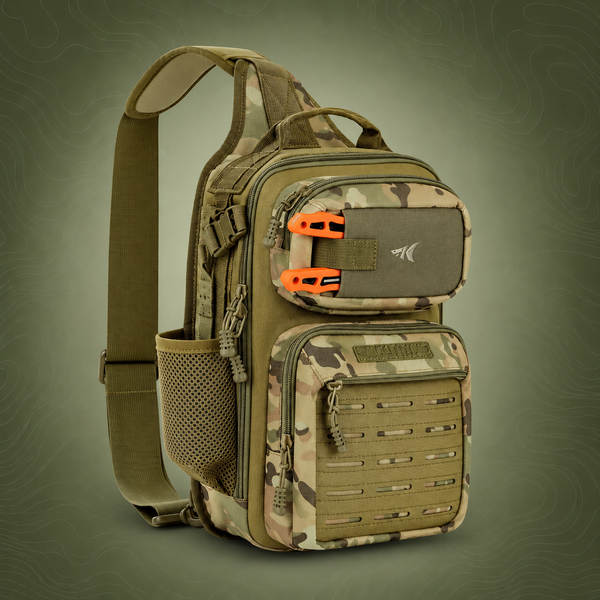 MOLLE Fishing Sling Bag with Rod Holder, Green Camo