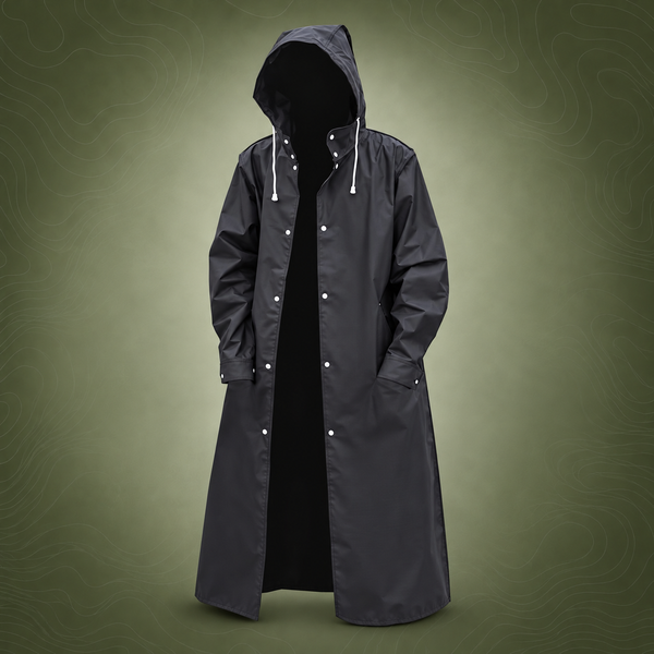 Hooded Extra Long Trench Raincoat, Black, XXXL