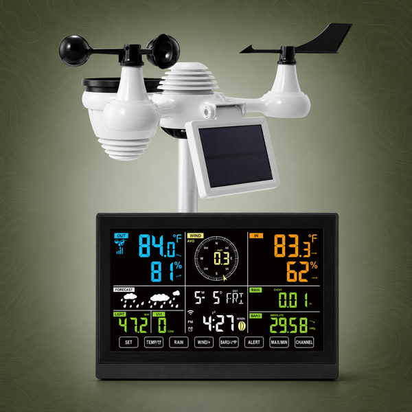 7-in-1 Wi-Fi Weather Station, 19cm Colour Display, Solar Outdoor Sensor