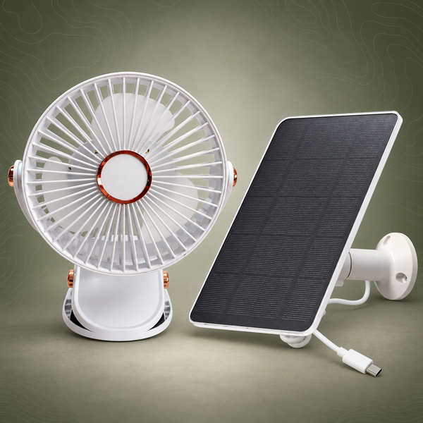 Solar Rechargeable Camping Fan with Light, 10000mAh, White