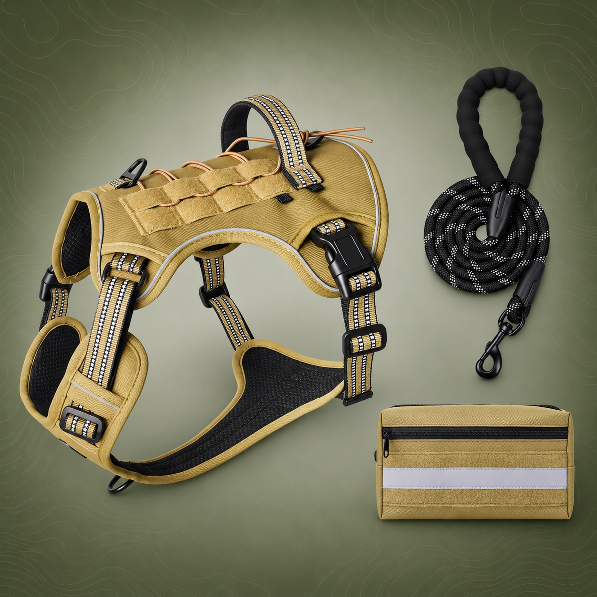 3-Piece Khaki Tactical Dog Harness Set (L Size)