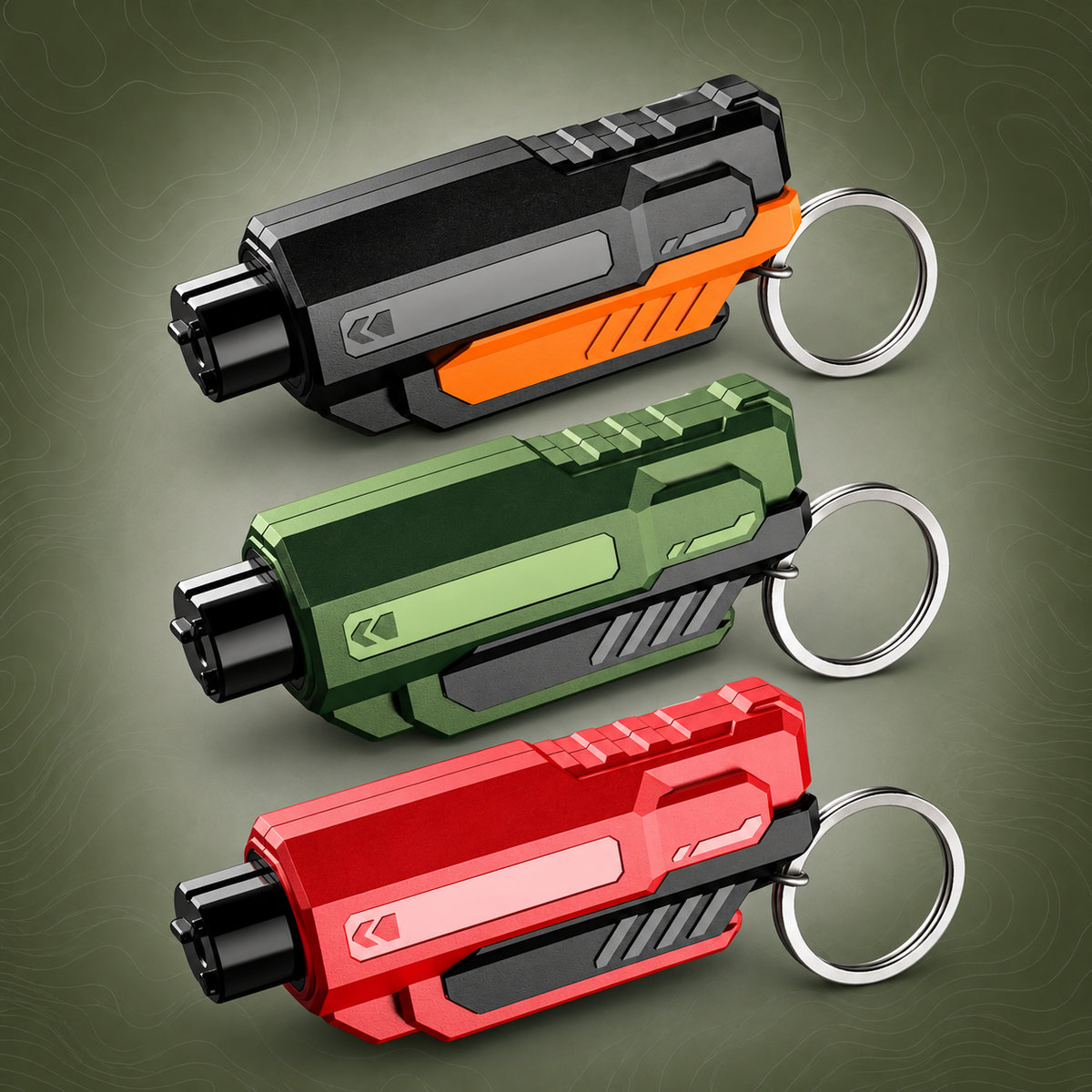 3 x Emergency Car Escape Tools (Red, Green & Orange) on subtle topographic background