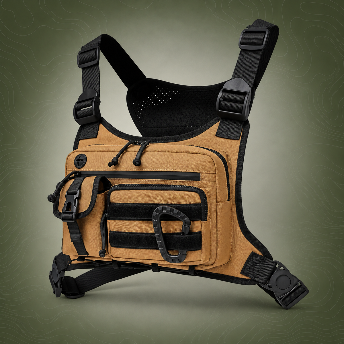 Brown Outdoor Tactical Chest Pack – Lightweight Running & Hiking Vest on subtle topographic background