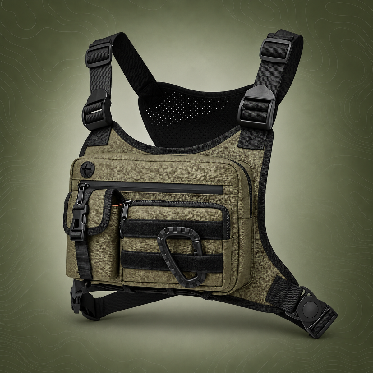 Green Outdoor Tactical Chest Pack – Lightweight Running & Hiking Vest on subtle topographic background