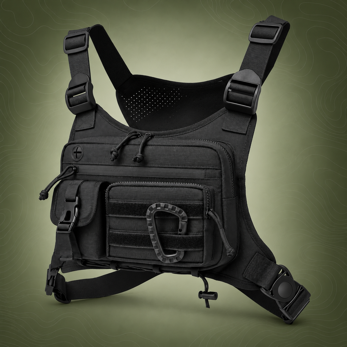 Black Outdoor Tactical Chest Pack – Lightweight Running & Hiking Vest on subtle topographic background