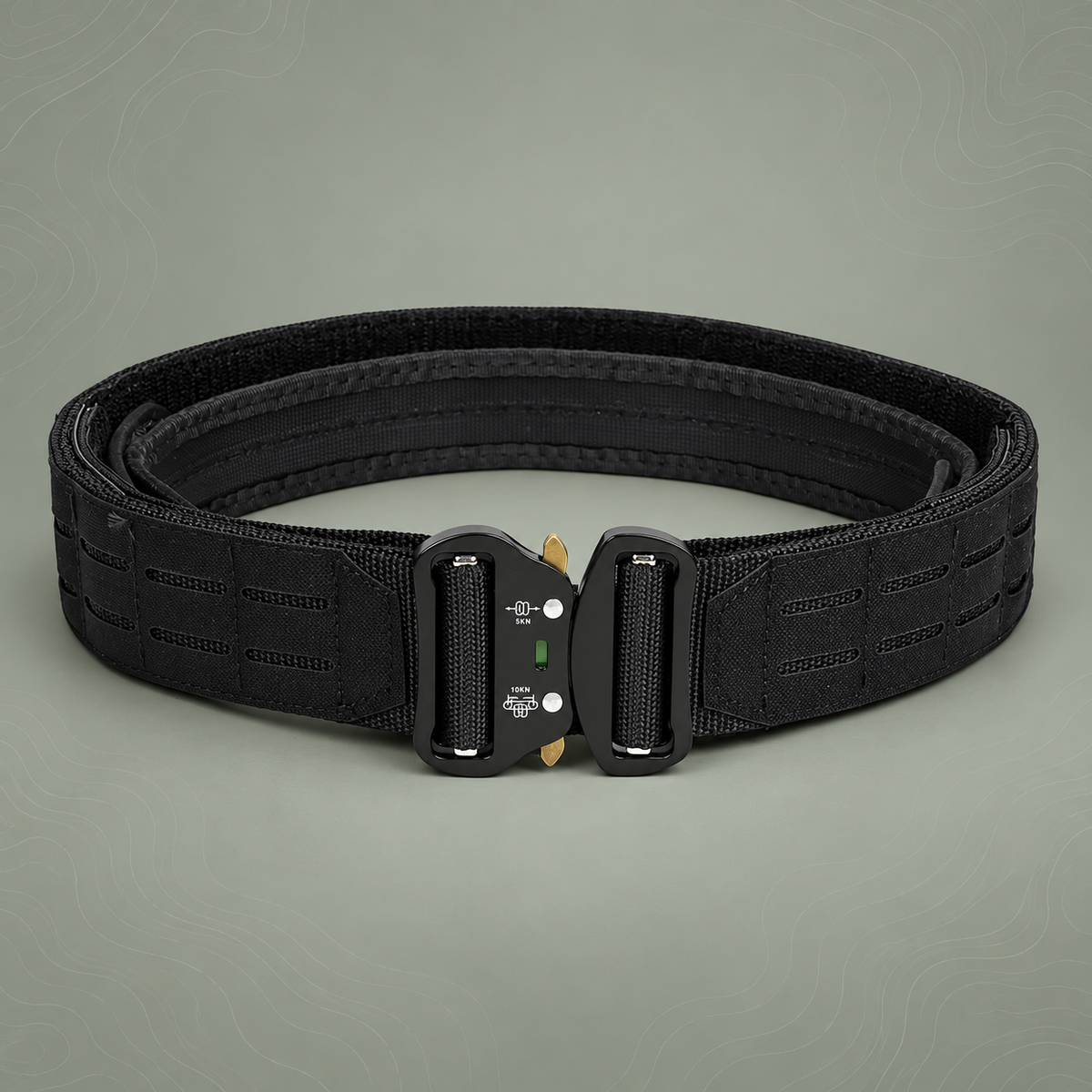 Dual Layer Quick Release Tactical Belt - Attachment System, Alloy Cobra Buckle, Adjustable Nylon(black) on subtle grey-green topographic background