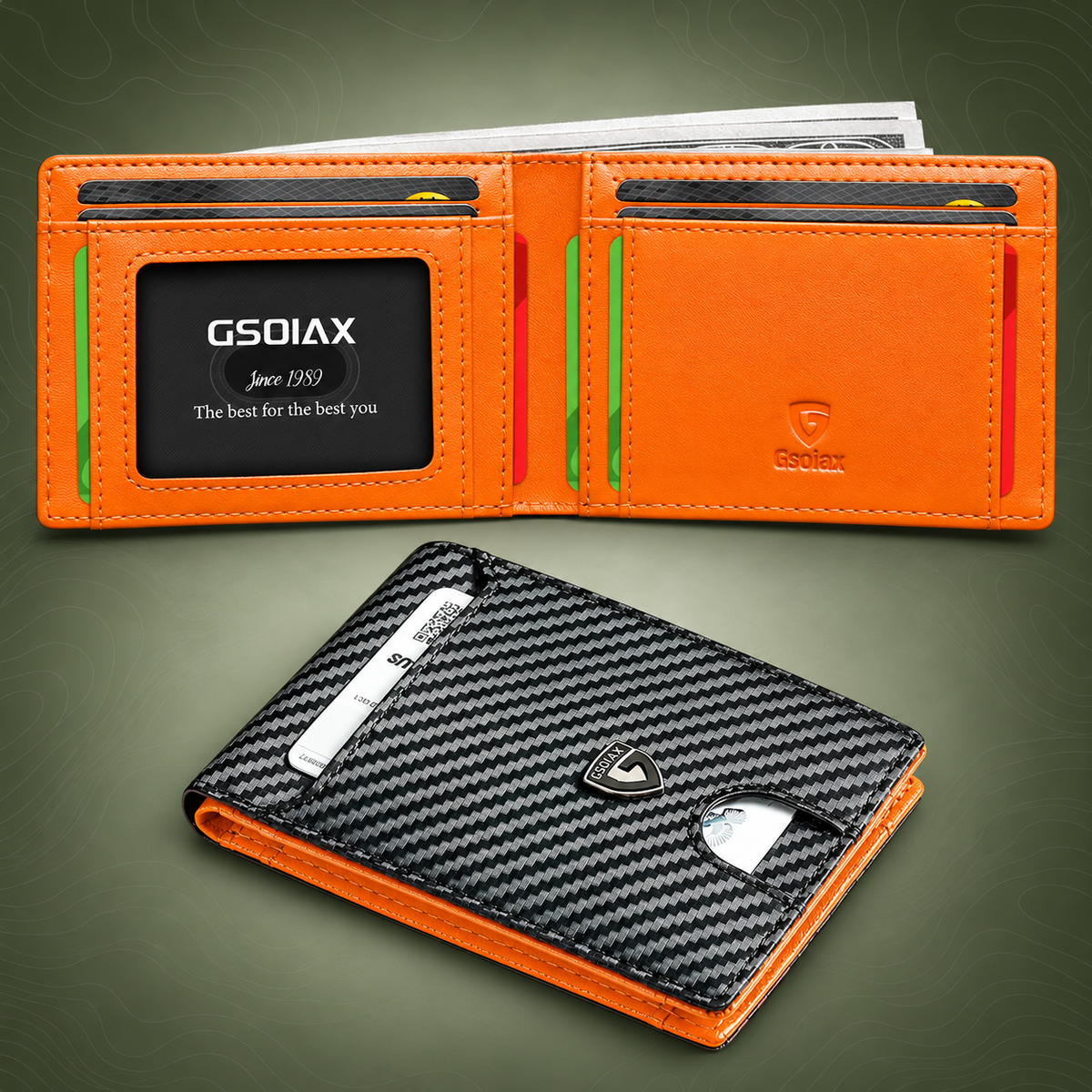 Slim Leather Bifold Wallet - RFID Blocking - Orange on PrepPro subtle topography background