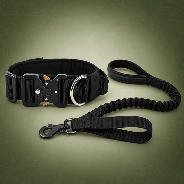 Black Tactical Dog Collar and Bungee Lead Set (M size)