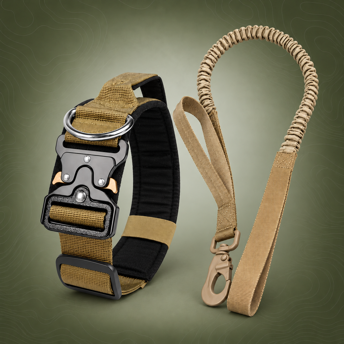 Khaki Tactical Dog Collar and Bungee Lead Set (XL size)