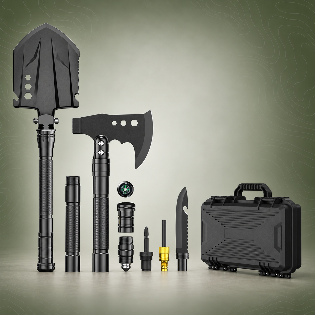 Multifunctional Shovel & Axe kit - Black on subtle topography background