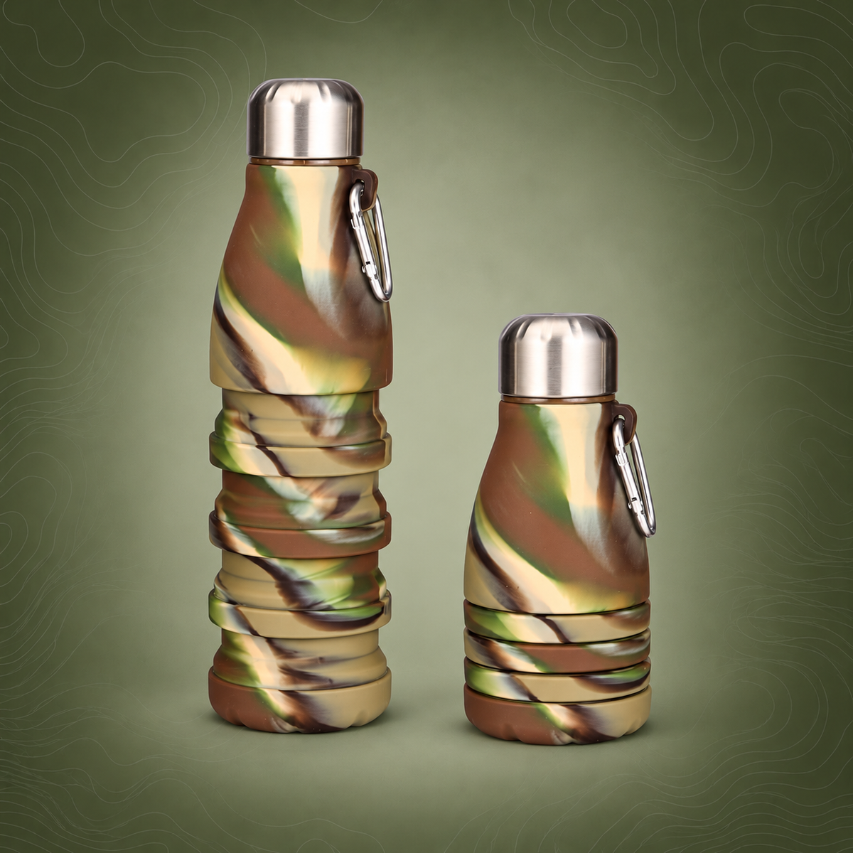 Collapsible Silicone Water Bottle with Carabiner, 550ml/300ml, Camouflage Green