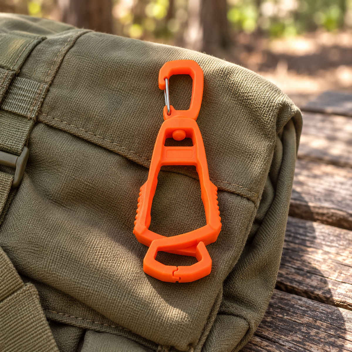 Orange utility glove clip on an olive canvas daypack at a campsite table