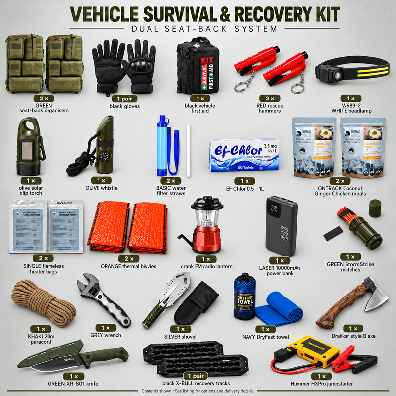 Itemised vehicle survival and recovery kit contents with quantities, green organisers