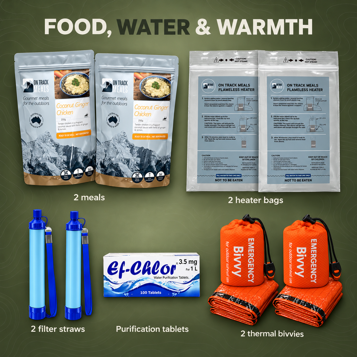 Vehicle kit meals, heater bags, water filters and orange thermal bivvies