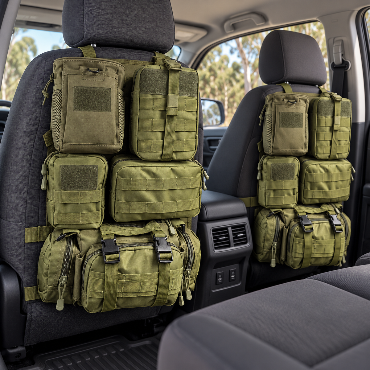 Two green seat-back organisers installed in a vehicle