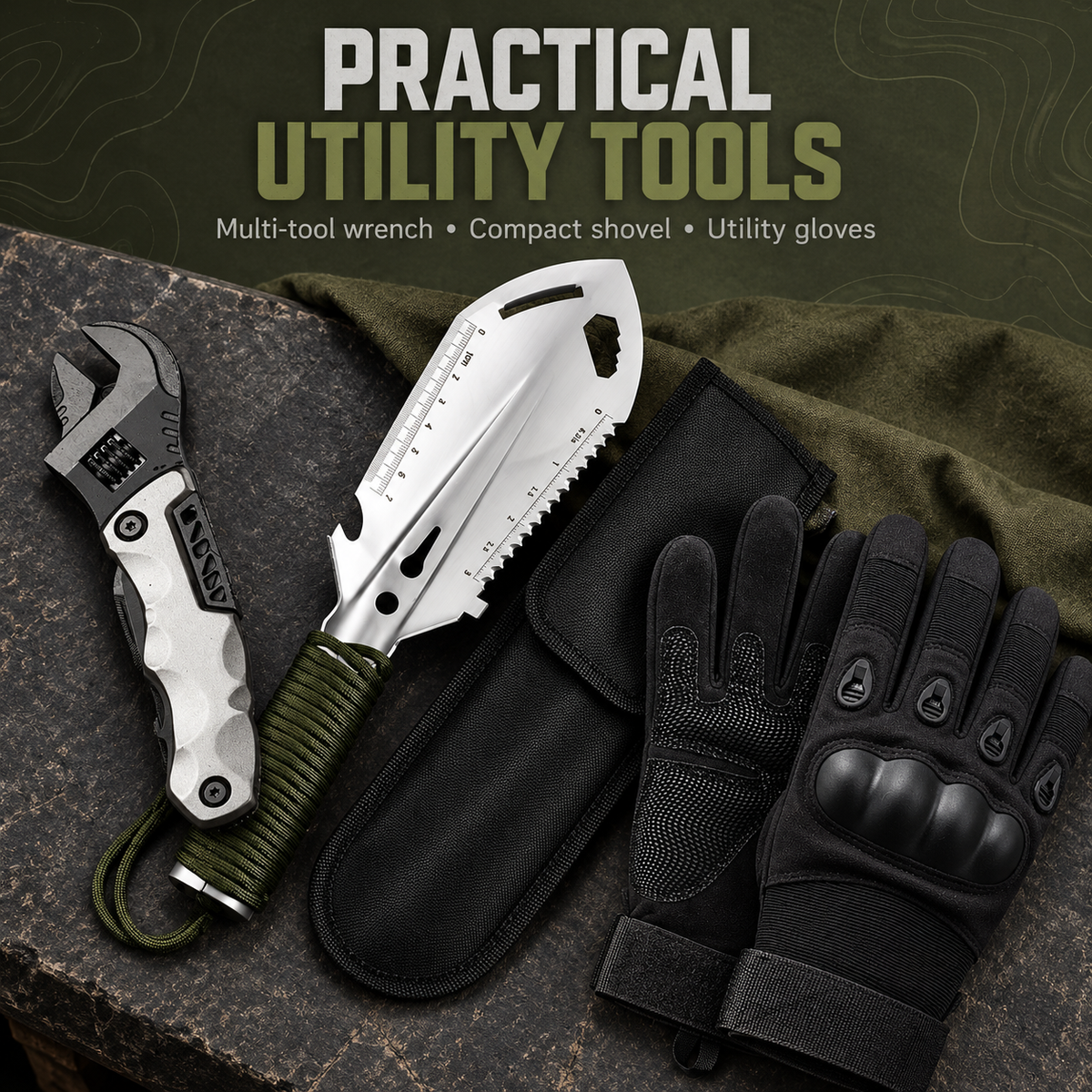 Vehicle kit grey wrench multitool, silver compact shovel and black gloves