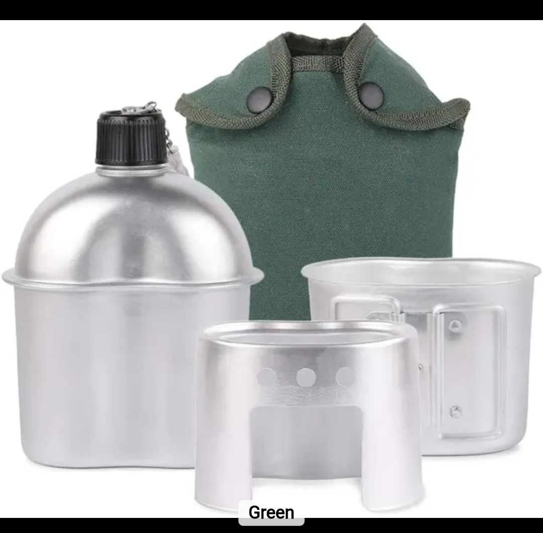 Four-piece aluminium canteen cook set with 1L canteen, 600ml cup, stove and carry bag