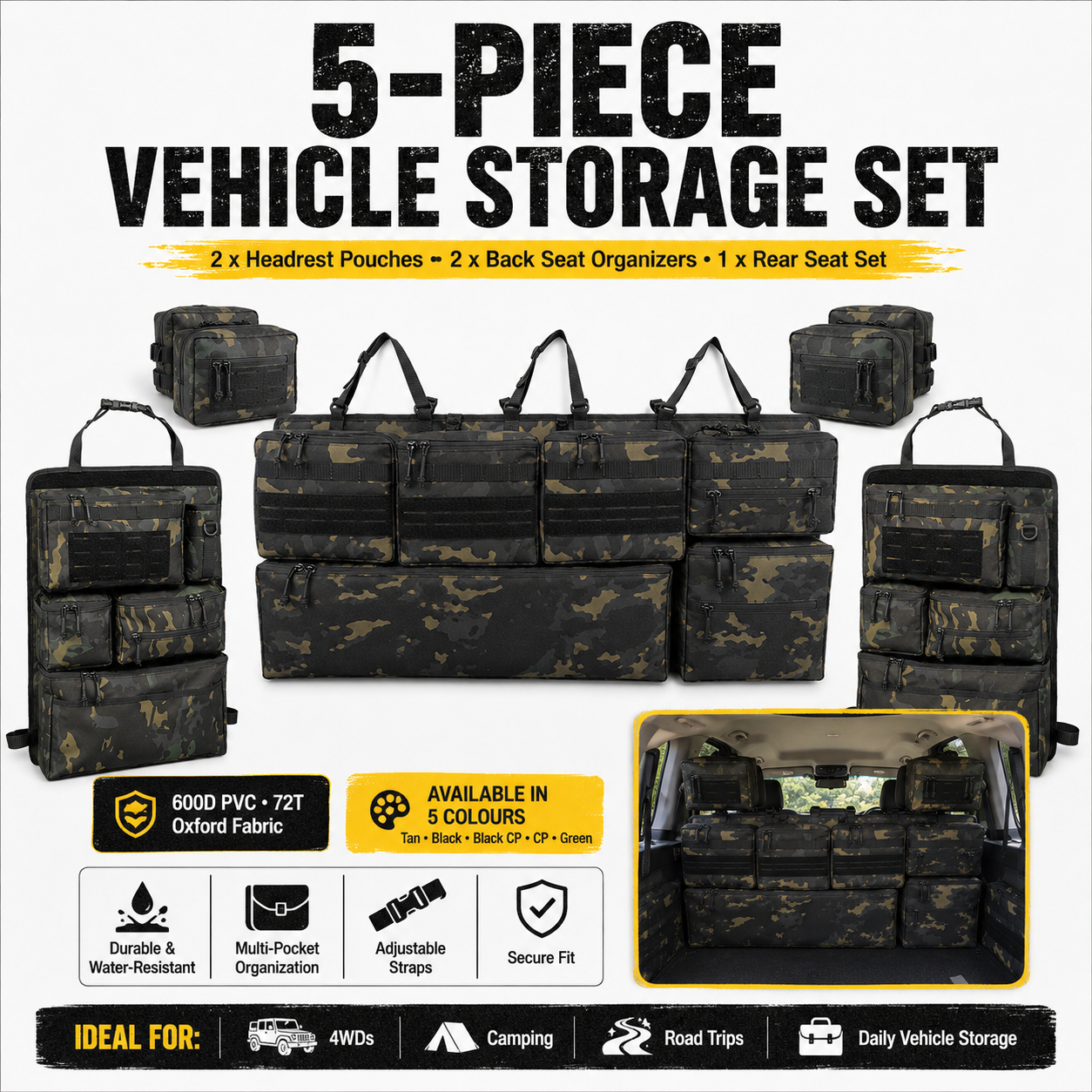 5-Piece Tactical Vehicle Storage Set – MOLLE Seat-Back, Headrest & Boot Organiser System