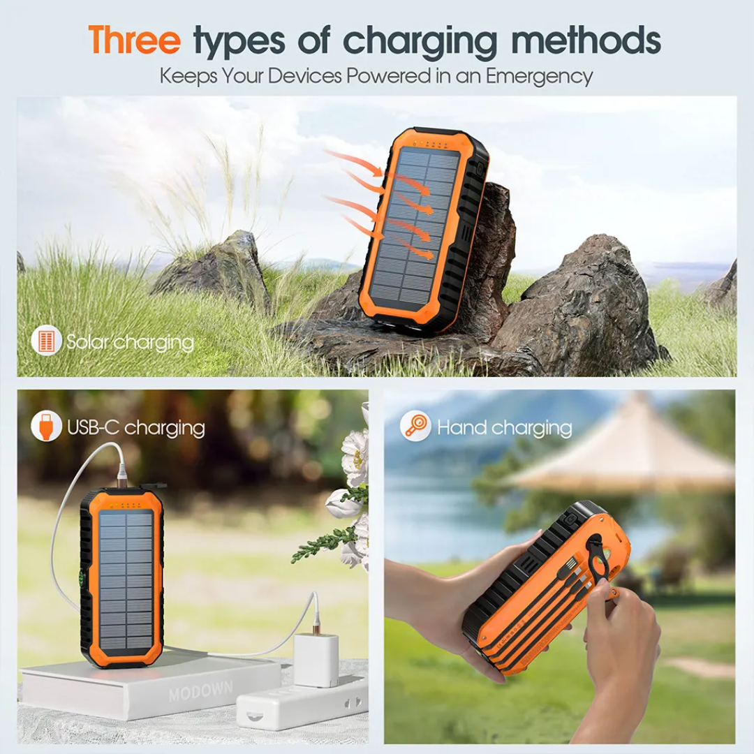 Solar Hand Crank Power Bank with Built-In Cables & PD Fast Charging