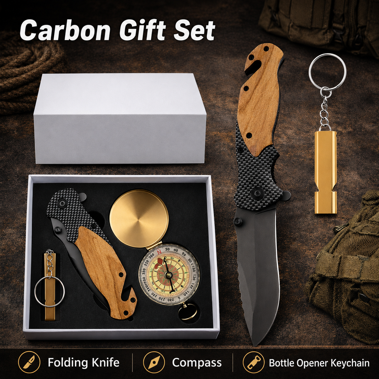Carbon Gift Set | Folding Knife, Compass & Whistle