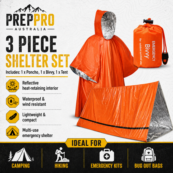 3-Piece Emergency Shelter Survival Set – Poncho, Bivvy & Tent Kit