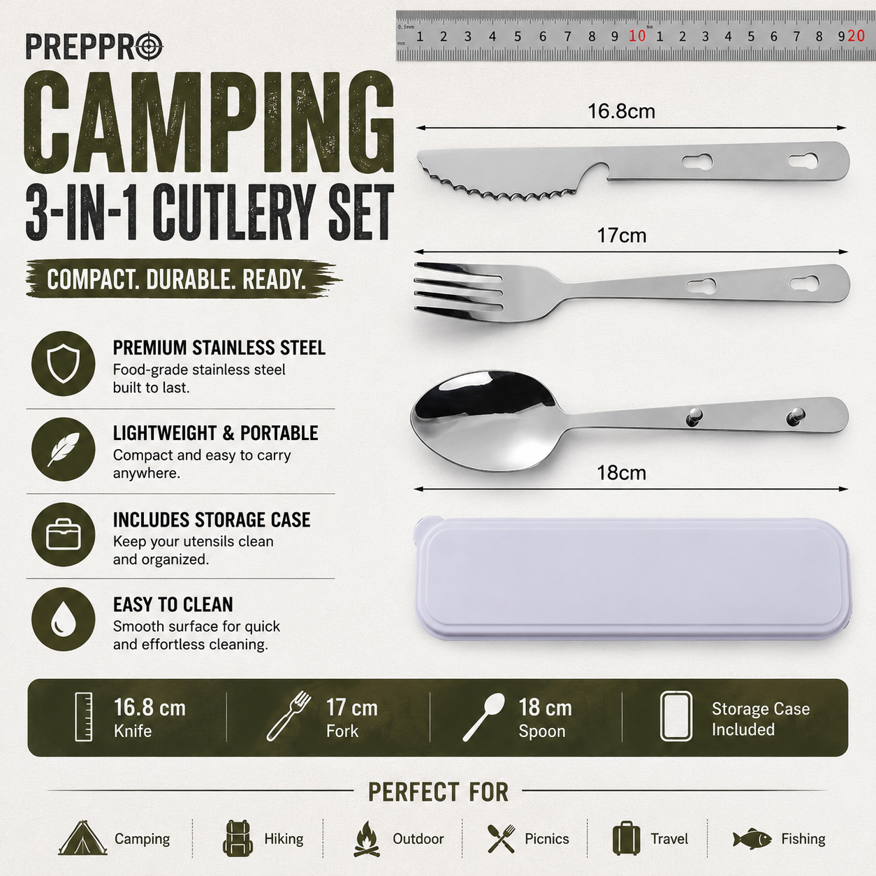 Stainless Steel Camping Cutlery Set – Durable & Compact | PrepPro