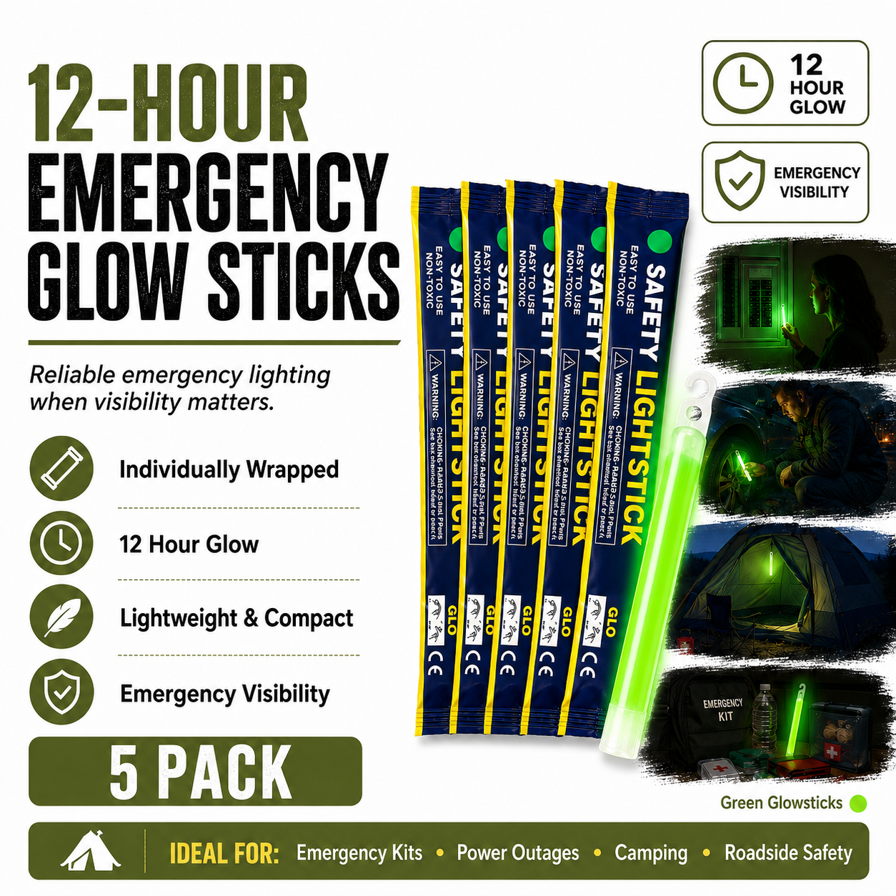 Emergency Glow Sticks - Up to 12 hours lighting