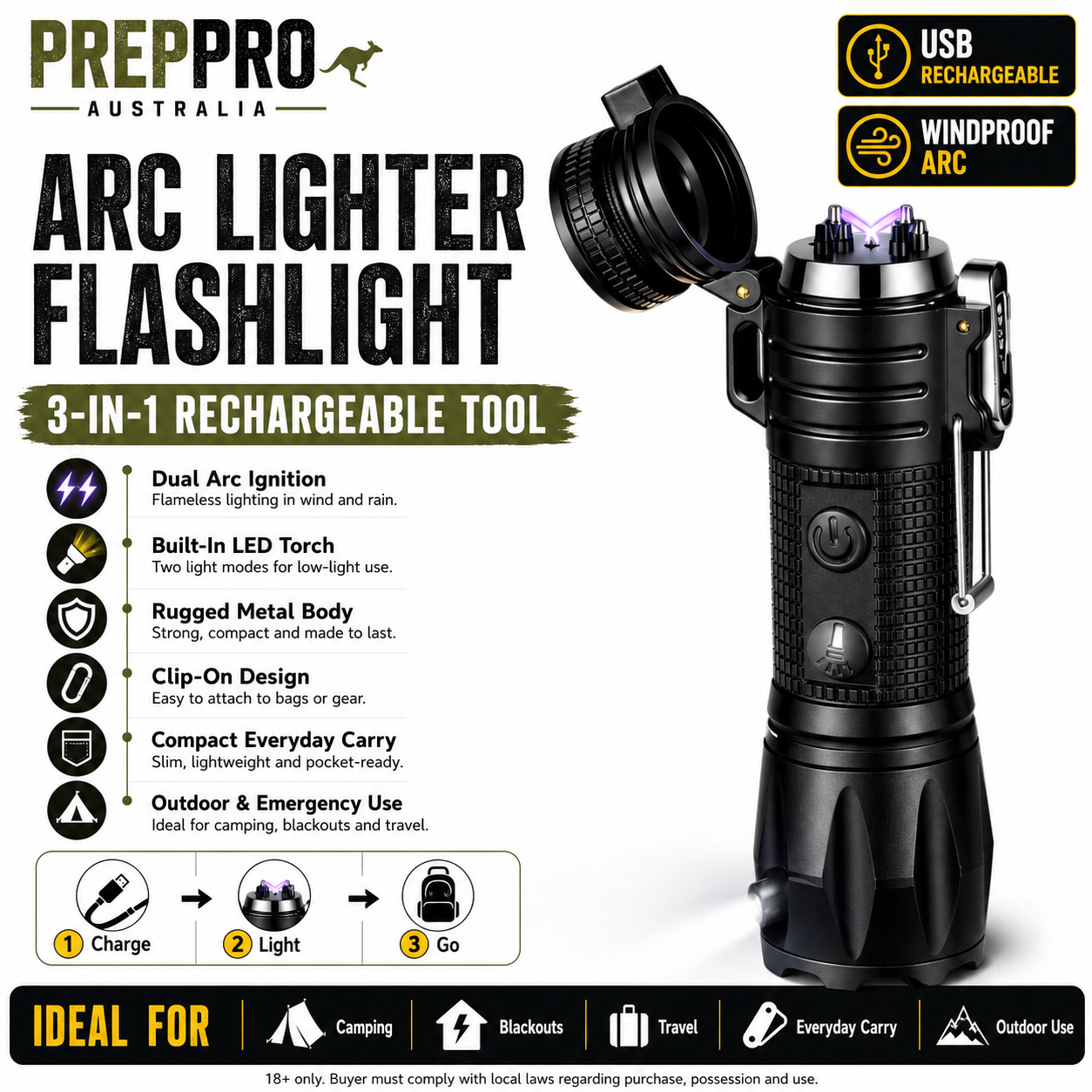 3‑in‑1 Arc Lighter with Flashlight | PrepPro