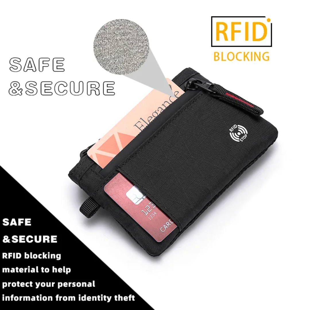 RFID shield wallet with secure zip closure for protecting cards and cash