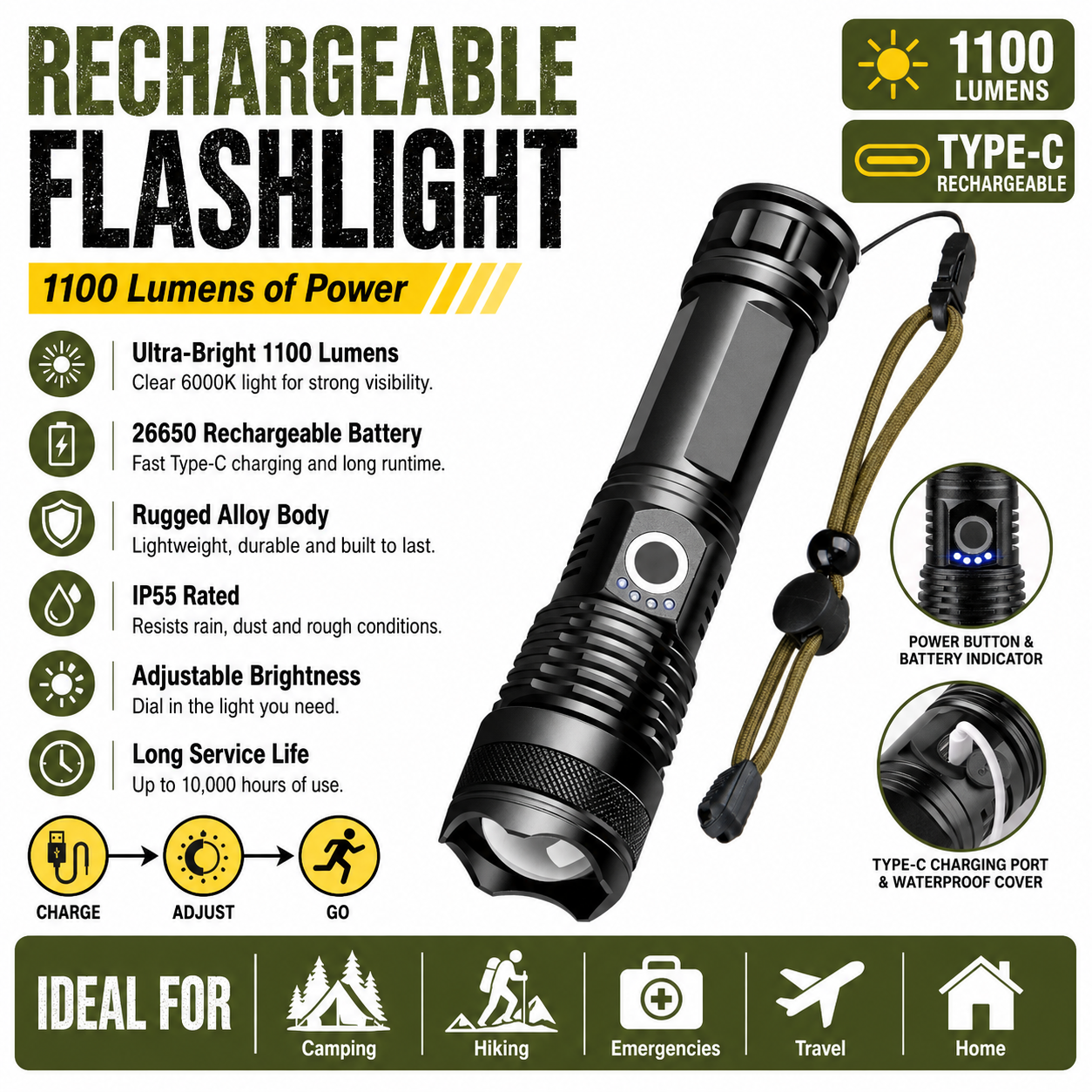 1100‑Lumen Rechargeable Torch – Rugged Build | PrepPro