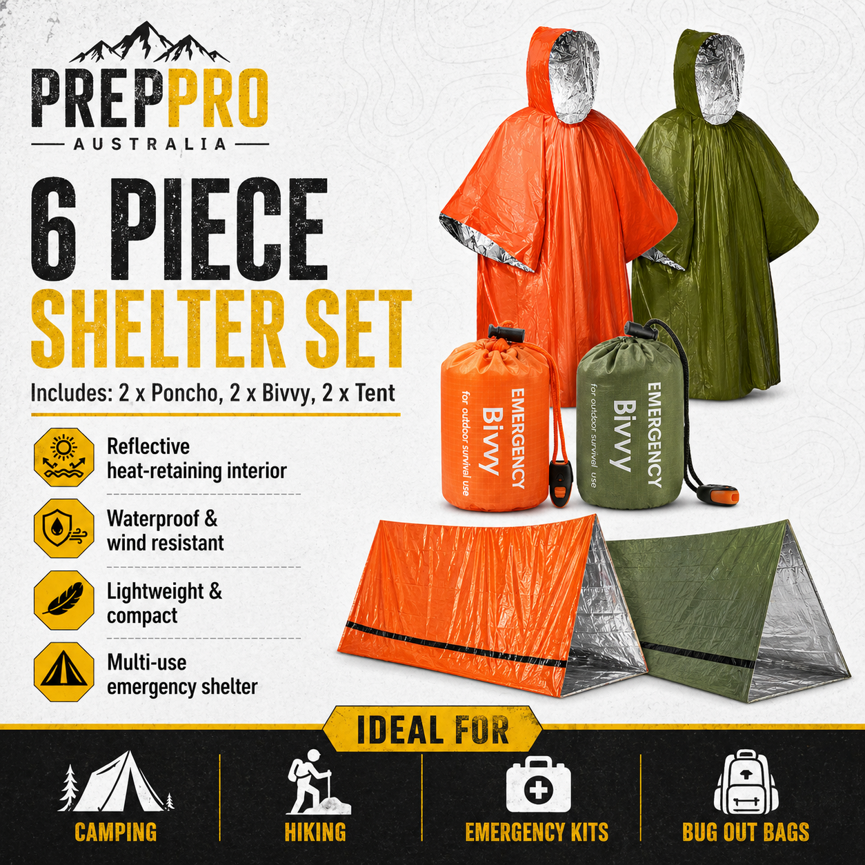 6-Piece Emergency Shelter Survival Set – Ponchos, Bivvies & Tent Kit