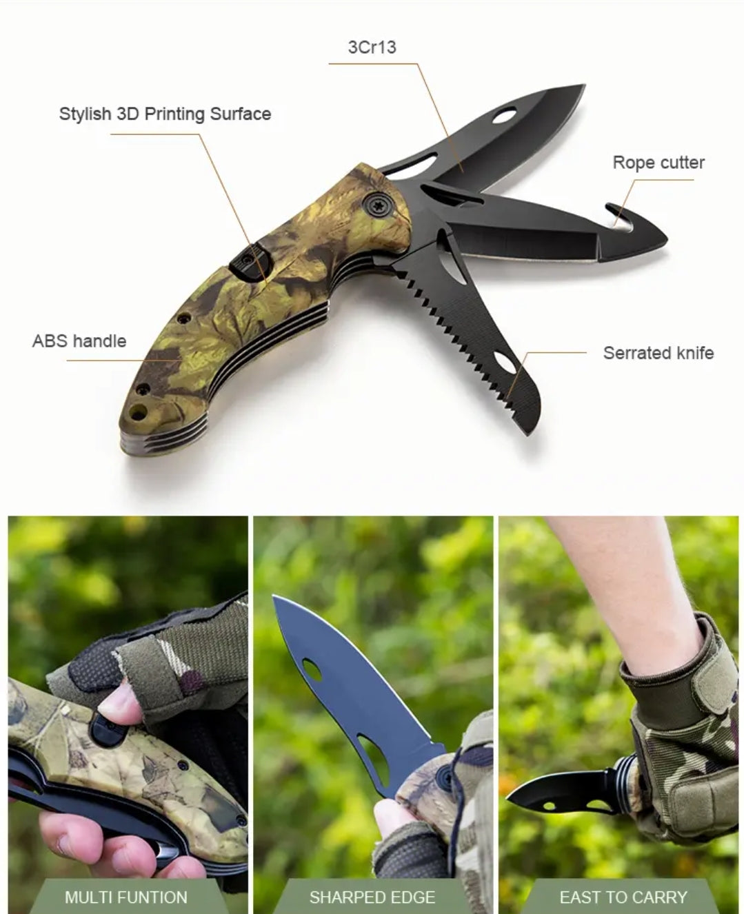 PrepPro Tri-Edge Folding Hunting Knife – 3Cr13 Steel | Multi-Function Camo Edition - PrepPro Australia