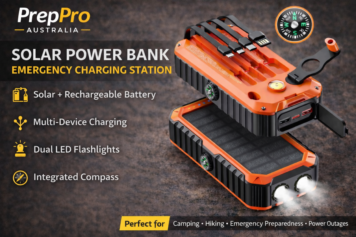 Solar Hand Crank Power Bank with Built-In Cables & PD Fast Charging