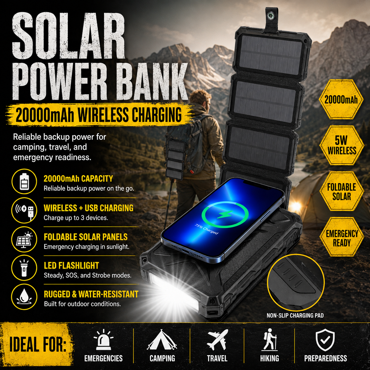 20,000mAh Solar Power Bank with Wireless Charging