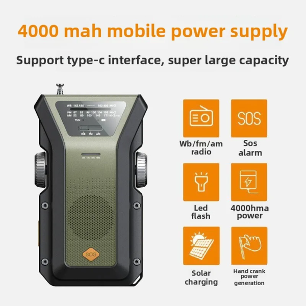 Solar Crank Radio – 4000mAh Power Bank & Emergency lighting