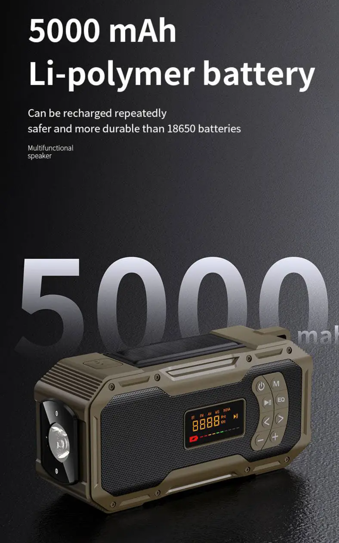 Solar Hand Crank Emergency Radio – 5000mAh Survival Radio with Power Bank, Flashlight & Bluetooth Speaker