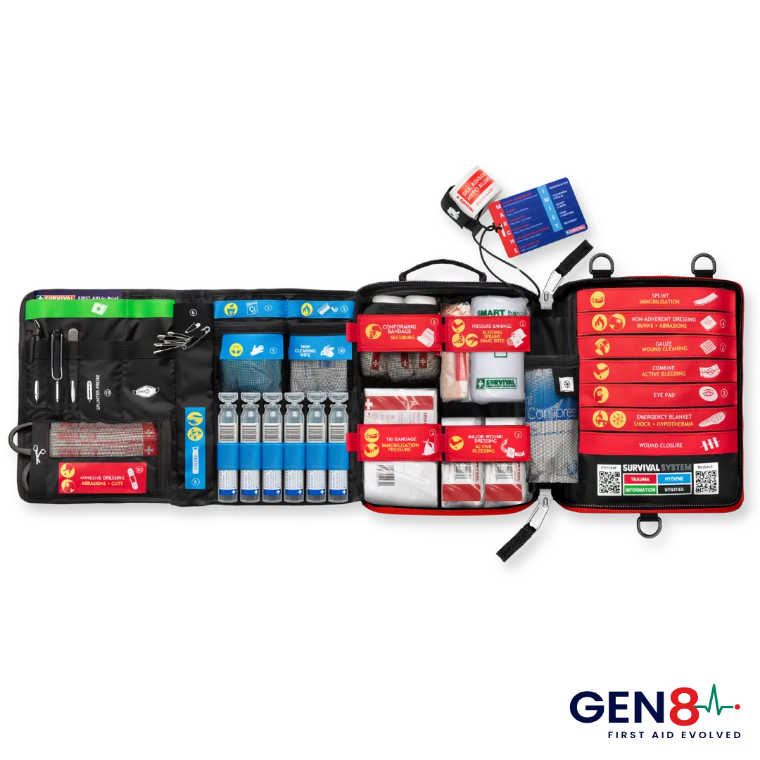 Open red Gen 8 first aid kit with colour coded supplies